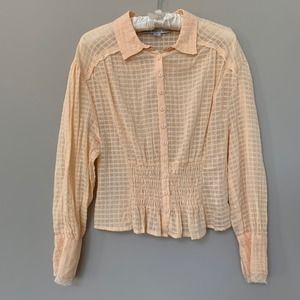 HYFVE peach sheer blouse 100% cotton button front smocked size L